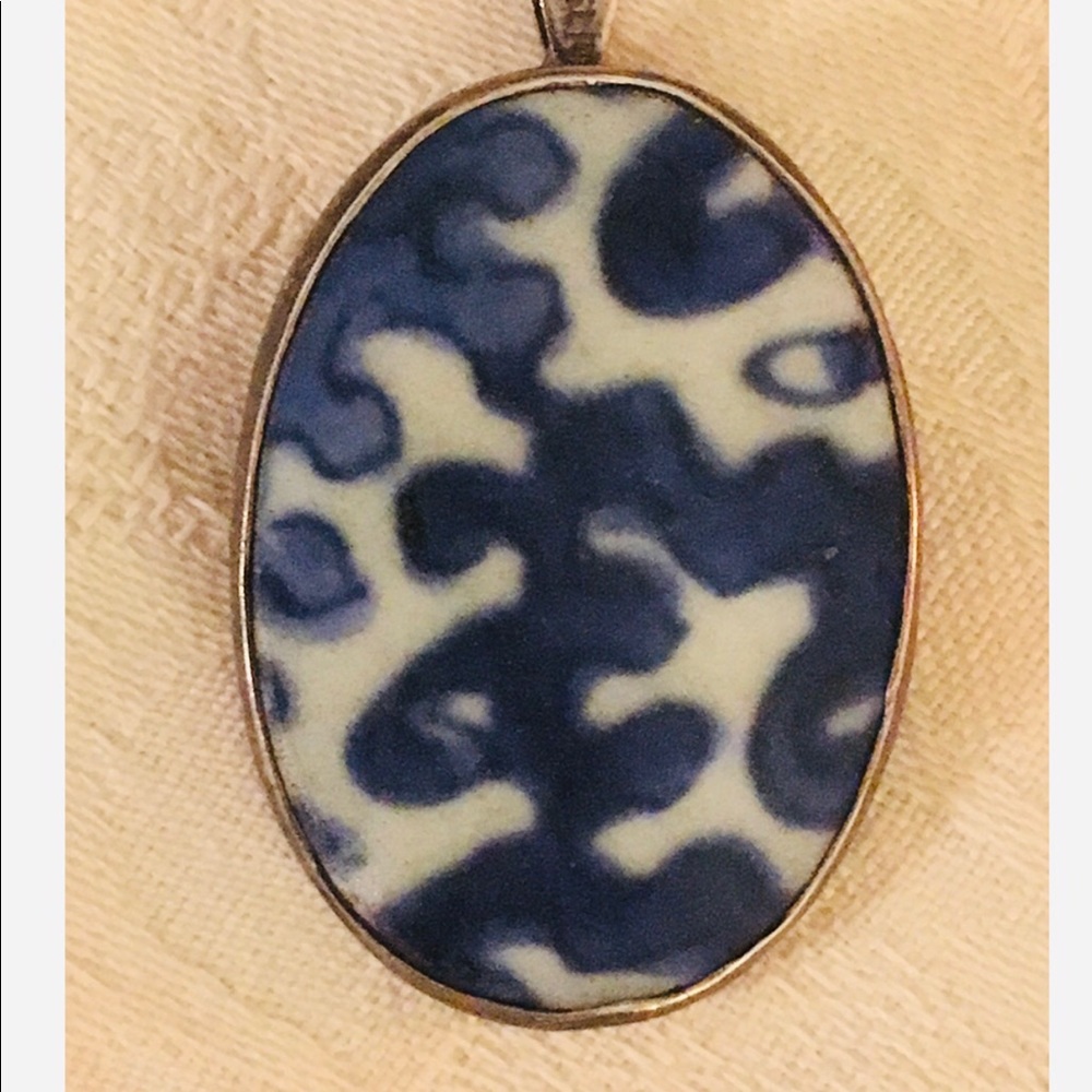 Antique Sterling Silver Chinese Porcelain Shard Brooch/Pendant
